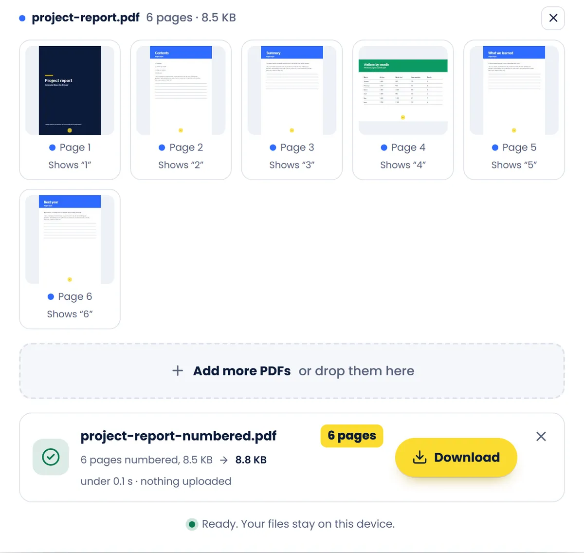 Add page numbers with pages of the 6-page sample report shown as cards, each with the number it gets, and the numbered PDF with a Download button