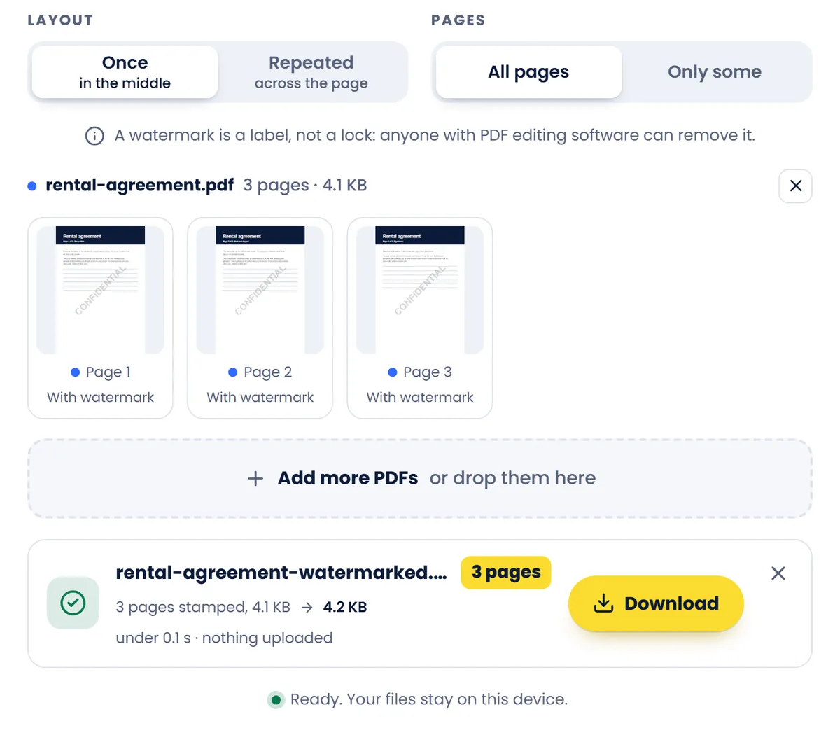 Add watermark with pages of the 3-page sample rental agreement shown with their watermark, and the stamped PDF with a Download button