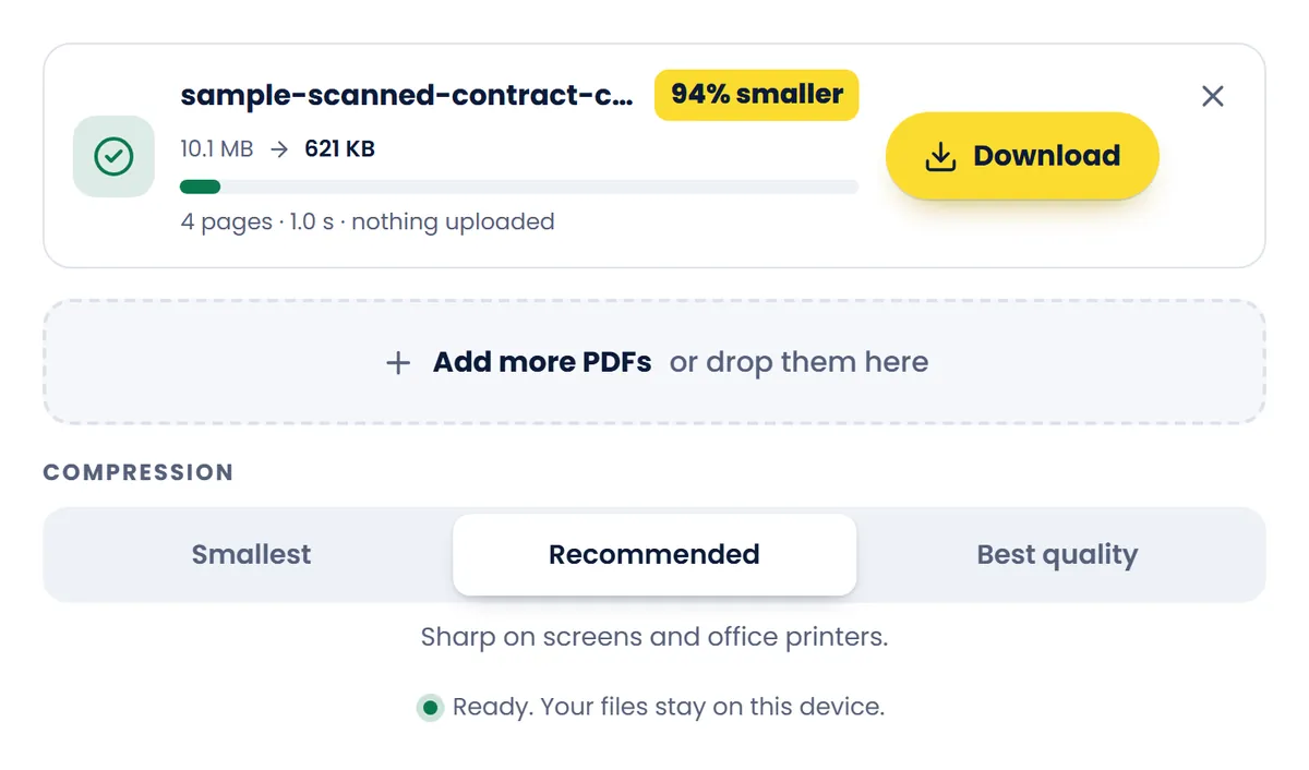 The PDF compressor after compressing the sample scanned contract: 10.1 MB down to 621 KB, 94% smaller, with a Download button and the Recommended level picked