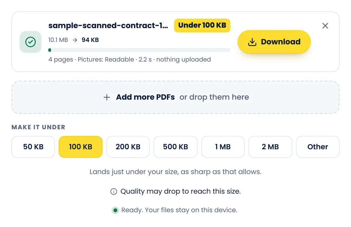 The 100 KB compressor after compressing the sample scanned contract: 10.1 MB down to 94 KB, marked Under 100 KB, with a Download button