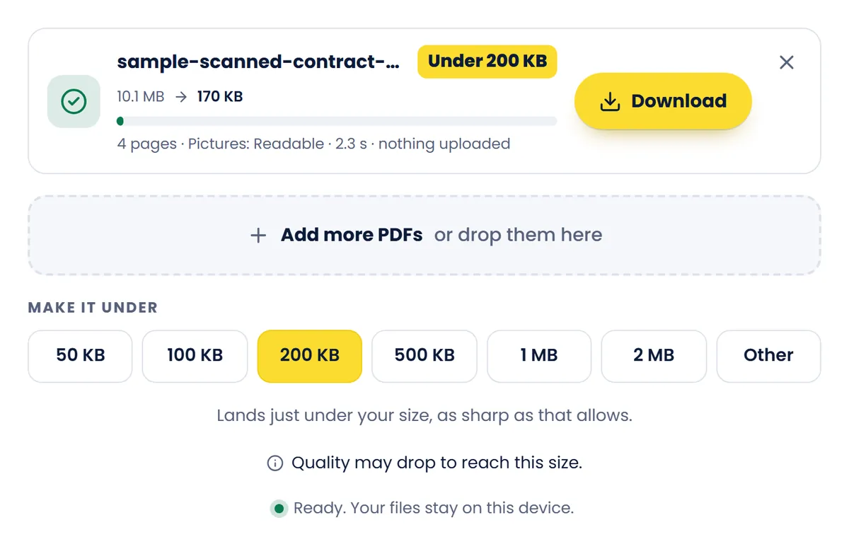 The 200 KB compressor after compressing the sample scanned contract: 10.1 MB down to 170 KB, marked Under 200 KB, with a Download button