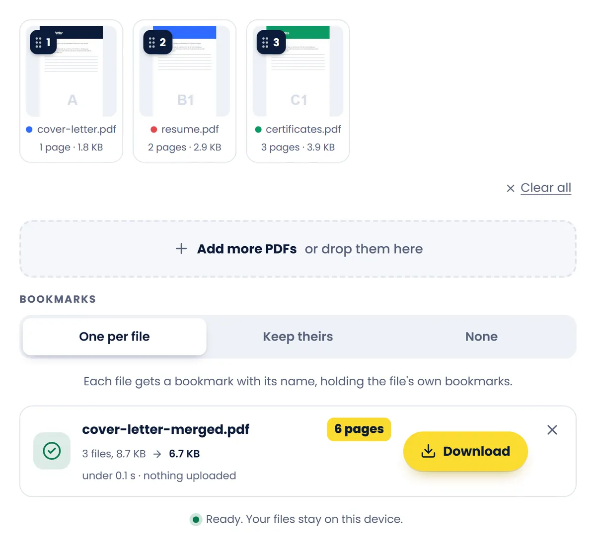 Merge PDF after joining three sample files into one 6-page PDF, with the bookmark options and a Download button