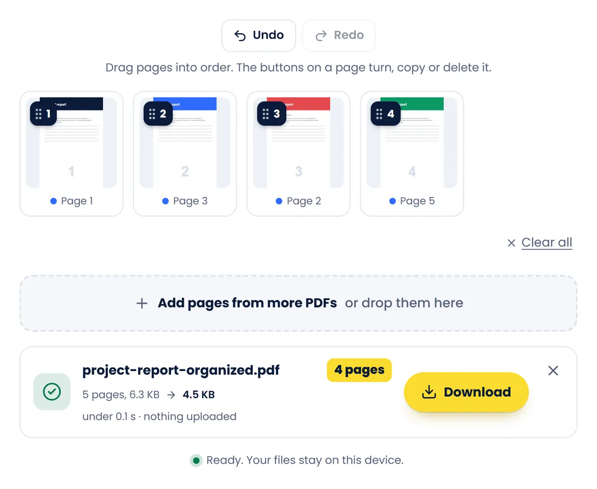 Organize PDF with the sample report's pages in their new order and the draft page deleted, saved as a 4-page PDF with a Download button