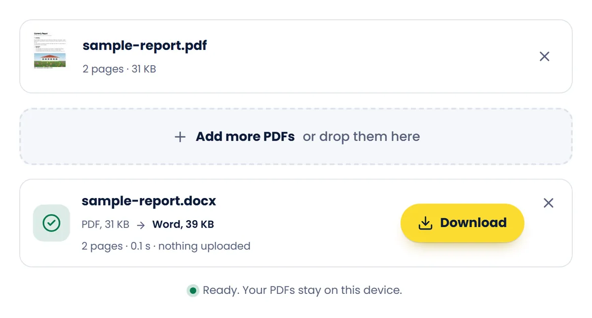 PDF to Word after turning the 2-page sample report into a Word file, with a Download button