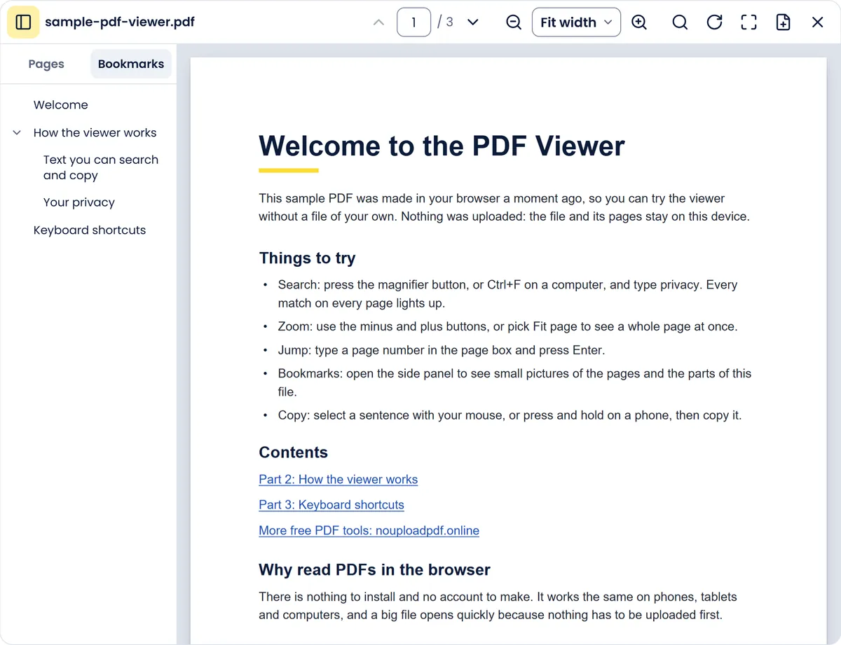 The PDF viewer showing page 1 of the 3-page sample PDF at Fit width, with the page box, zoom and search buttons above it