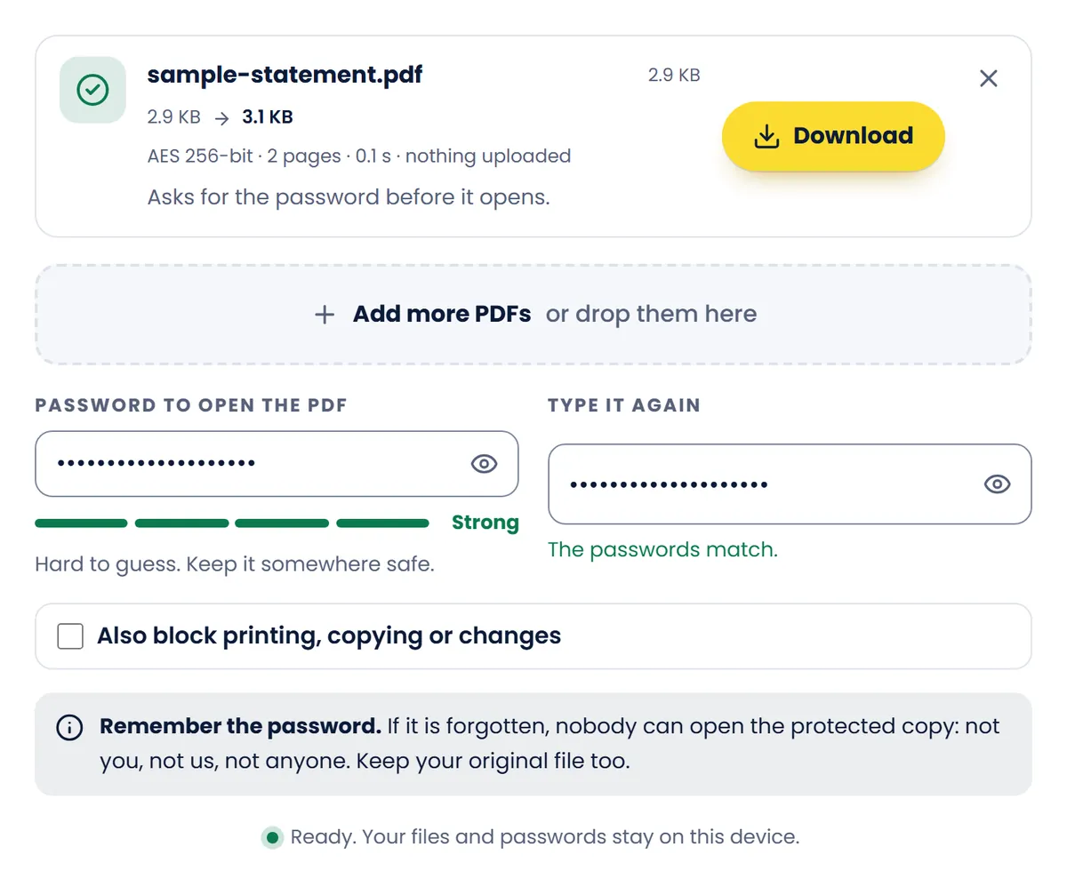 Protect PDF after locking the 2-page sample statement with a password (AES 256-bit), with a Download button