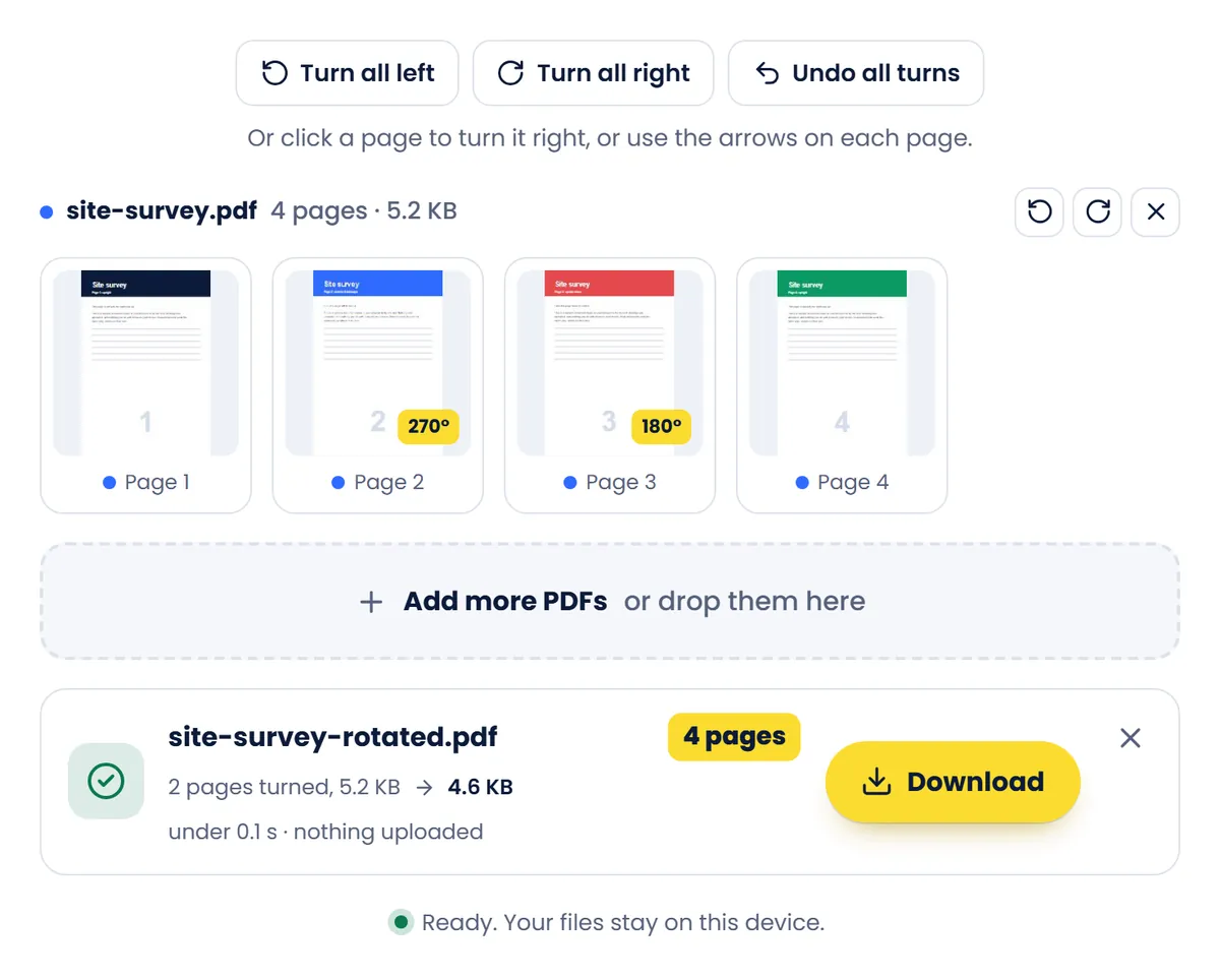 Rotate PDF with pages of the sample site survey shown as cards, one marked to turn 180 degrees, and the saved 4-page PDF with 2 pages turned and a Download button