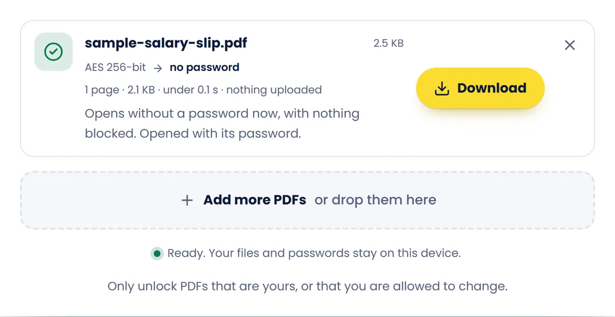 Unlock PDF after unlocking the sample salary slip with its password: the copy opens with no password, with a Download button