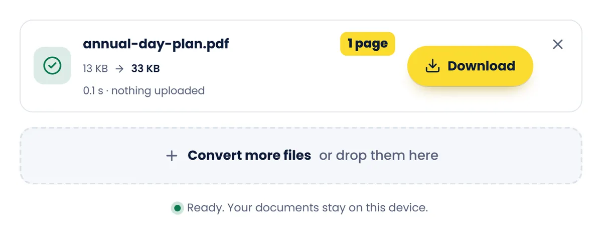 Word to PDF after converting the sample Word document to a 1-page PDF, with a Download button